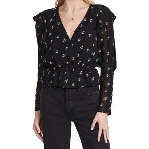 WAYF Women's Medium Misti Surplice Top Black Ditsy Long Sleeve NEW